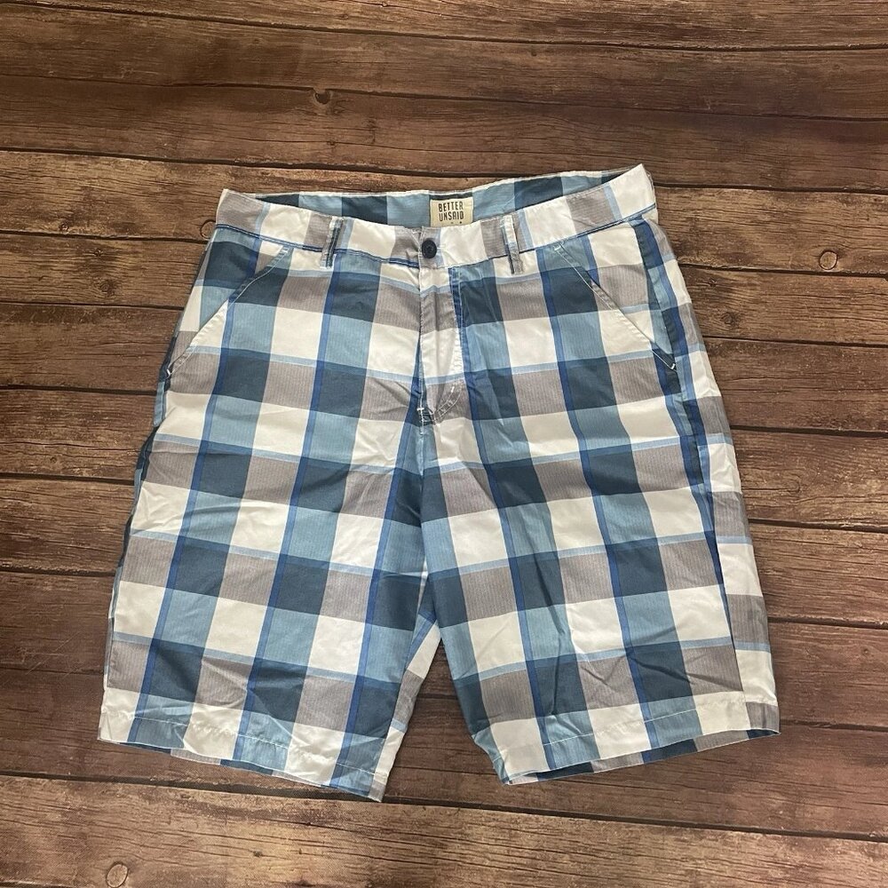 Men’s Better Unsaid Blue Madras Checkered Plaid Board Shorts Size 34
